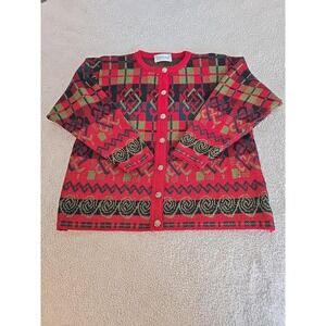 Vtg Edinburgh‎ Womens Red Green Cardigan Sweater Holiday Christmas  Scotland